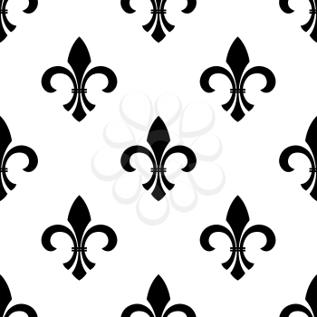 Seamless vector of a fleur-de-lys motif in a repeating pattern, in black and white.