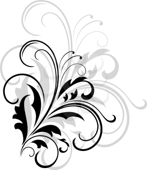Simple black and white swirling foliate design with a larger repeat pattern in grey behind on a white background