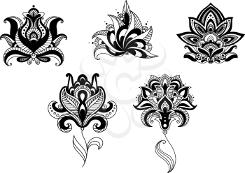 Ornate indian and persian floral design set with five different motifs in black and white, vector illustration
