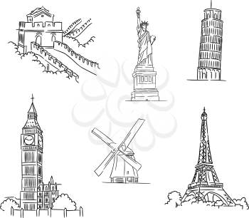 Black and white doodle sketch set of famous world landmarks including the Leaning Tower of Pisa, Moulin Rouge, Eiffel Tower, Big Ben, Liberty and Great Wall of China