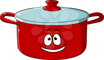Little red cartoon cooking saucepan or pot with a lid and a happy smile, isolated on white