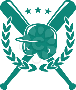 Baseball championship emblem in green and white with a helmet over crossed bats with a laurel wreath and three stars in silhouette