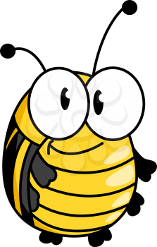 Happy smiling fat little yellow bumble bee with large googly eyes standing upright, cartoon vector illustration on white