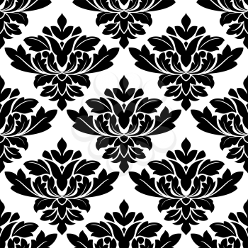 Damask style arabesque seamless pattern with large black and white floral motifs in a close configuration, vector illustration in square format