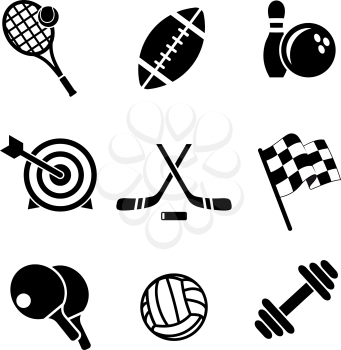 Black and white sporting icons depicting tennis, football, bowls, archery, hockey, motor racing, weight lifting, table tennis,rugby and volleyball