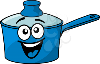 Laughing happy blue cartoon cooking saucepan with a big smile and lid isolated on white