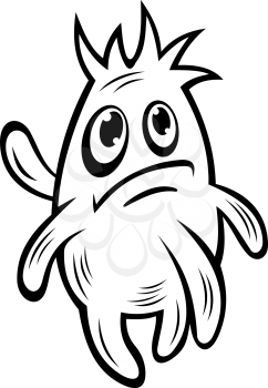 Unhappy little monster with tentacles and a cute spiky hairstyle with a gloomy look, black and white cartoon doodle sketch vector