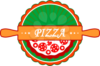Pizza icon or label with an old-fashioned wooden rolling pin on a delicious pepperoni and mushroom pizza in green and brown, vector illustration isolated on white