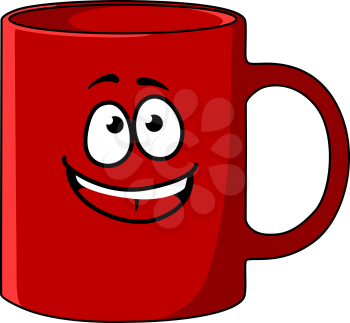 Red cartoon coffee mug with a happy face and big smile and a handle to the side, vector illustration
