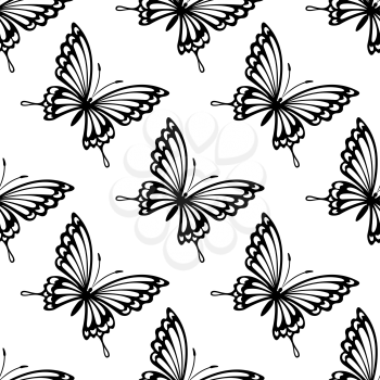Dainty black and white seamless pattern of flying butterflies in square format for wallpaper, tile or textiles,vector illustration isolated on white
