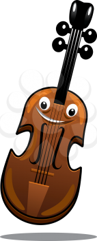 Happy brown cartoon wooden violin with a smiling face and shadow for music design, isolated on white