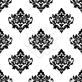Vintage black and white repeat floral arabesque pattern in a seamless vector design suitable for damask style fabric and wallpaper