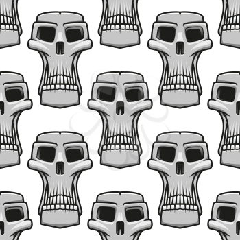 Seamless pattern of long stylized spooky Halloween skulls in a repeat motif in square format, black and white outline vector illustration