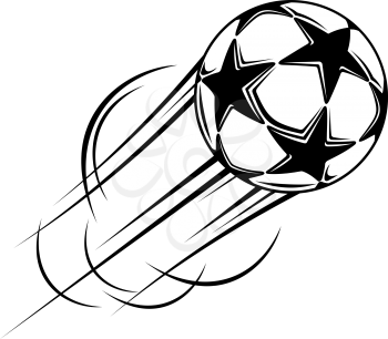Speeding ball with black stars and a motion trail flying through the air, black and white vector doodle sketch