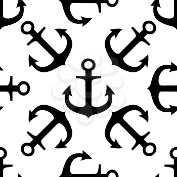Black and white silhouette seamless pattern of ships anchors in a random arrangement in square format