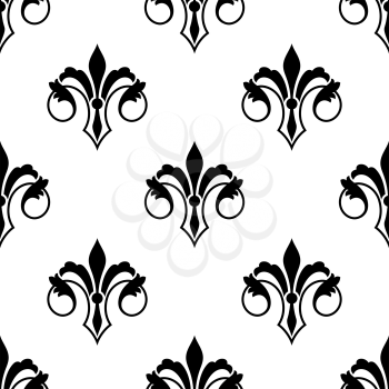 Ornate stylized fluer de lys seamless pattern with curled foliate elements in a black and white silhouette, vector illustration