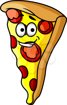 Slice of happy cheesy pepperoni or salami pizza with a beaming smile and golden colour for fast food design