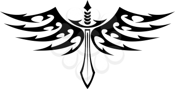 Black and white vector illustration of a winged sword tattoo with barbed feathers in outspread graceful wings