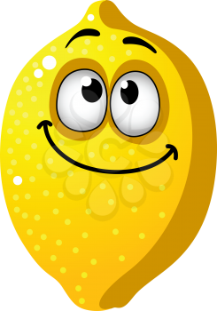 Fun goofy looking yellow cartoon lemon fruit with a happy smile and squinting eyes