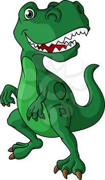 Green cartoon dinosaur with a mouth full of sharp teeth standing upright isolated on white