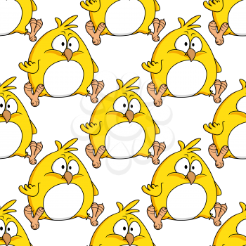 Cute little fat yellow Easter chicken with a white tummy in a seamless background pattern in square format, cartoon illustration