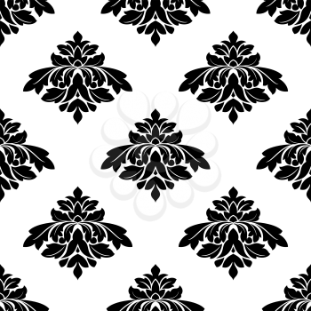 Seamless black and white damask style pattern with a floral arabesque repeat motif in square format suitable for textile and wallpaper, vector illustration isolated on white
