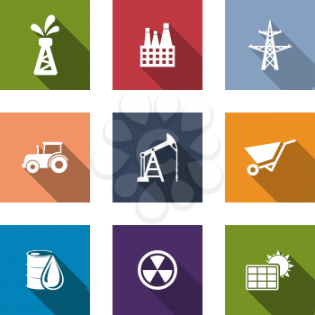 Flat energy and industrial icons set with oil, factory, electricity pylon, tractor, mining, drilling, wheelbarrow, crude oil, radioactivity and a solar panel isolated on white
