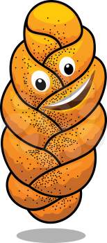 Cartoon plaited poppy seed baguette with a golden crust and happy smile