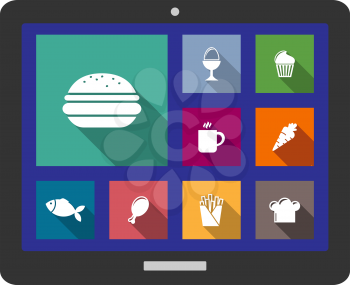 Set of cooking and food icons with a hamburger, toque, chicken, leg, fish, boiled egg, muffin, coffee, carrot and French fries displayed on a tablet screen