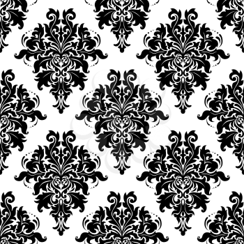 Ornate bold foliate arabesque seamless pattern with large black and white motifs in square format suitable for wallpaper or textile design