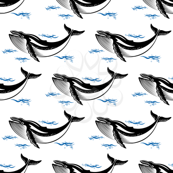 Swimming whale seamless pattern with a baleen whale amongst ocean waves in square format for nautical themed wallpaper or fabric design