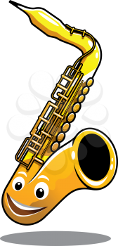 Cartoon funny happy brass saxophone musical instrument with a cute smiling face isolated on white