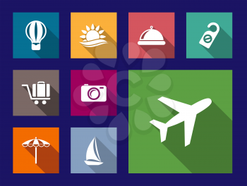 Set of flat, travel and vacation icons on colorful web buttons with an airplane, hot air balloon, sun, food dome, hotel do not disturb sign, luggage trolley, camera, umbrella and yacht