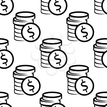Dollar coin, cash, money seamless pattern with a black and white doodle sketch of a stack of coins in square format