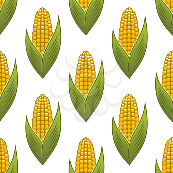 Seamless pattern of ripe golden corn on the cob with green leaves for background design
