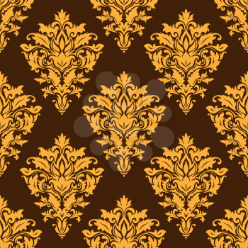 Brown damask style seamless pattern with a repeat floral motif in brown and yellow colors 