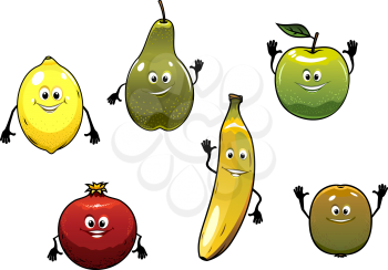 Set of happy fresh cartoon fruits waving their hands including a lemon, pear, apple, banana, pomegranate and kiwi