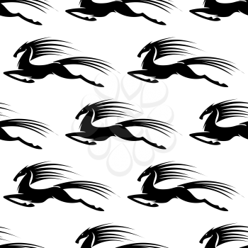 Graceful galloping horse with its mane and tail flying behind it in a seamless pattern with a black silhouetted repeat motif in square format suitable for fabric and wallpaper