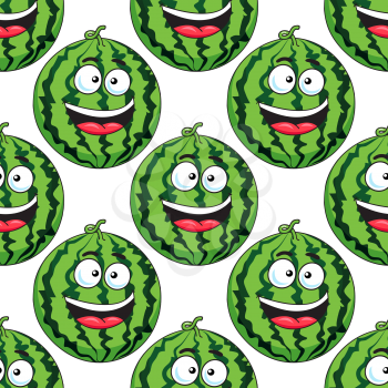 Seamless background pattern of a cute cartoon green laughing watermelon in square format suitable for fabric or wallpaper design