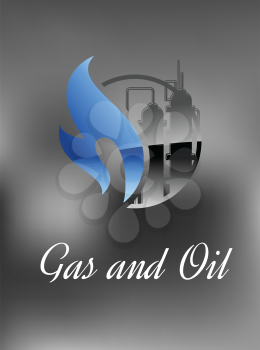 Chemical and gas factory icon with blue flame and industrial building