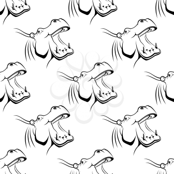 Seamless black and white doodle sketch pattern of a hippo with an open mouth in square format