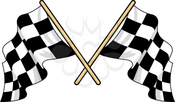 Crossed waving motor sport flags with the traditional black and white pattern fluttering in the breeze, vector illustration isolated on white