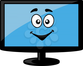 Television screen or computer monitor with a big happy smiling blue face, cartoon illustration isolated on white