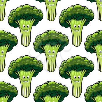 Seamless pattern of happy healthy green cartoon broccoli fresh from the farm with a smiling face