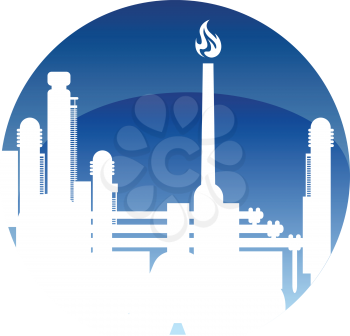 Industry and fuel refinery icon with a petrochemical plant with a burning flame in a white silhouette in a blue circle conceptual of power and energy