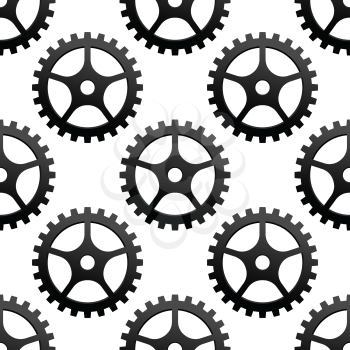 Seamless black and white pattern of toothed industrial gears or cog wheels in square format
