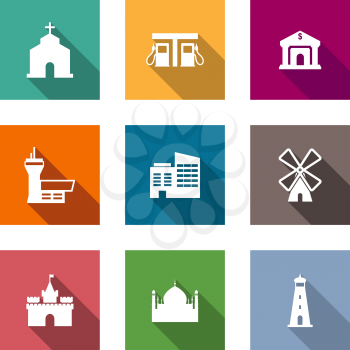 Flat architectural icons set on colorful web buttons depicting a church, lighthouse, airport, gas station, factory, windmill, castle, mosque and bank