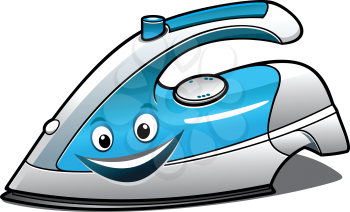 Cheerful cartoon electric iron with a blue water tank, smiling face and steam button isolated on white