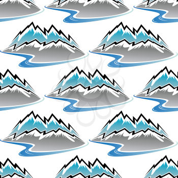 Seamless pattern of winter mountains and streams with jagged snow capped peaks in a repeat motif in square format