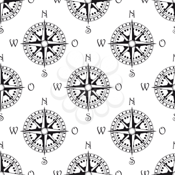 Seamless pattern of a vintage magnetic navigational compass marked with north south, east and west, black and white illustration